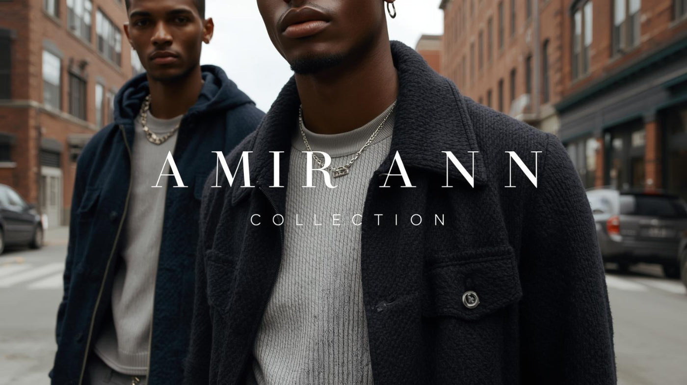 Two men standing on a street with 'AMIR ANN Collection' text overlay.