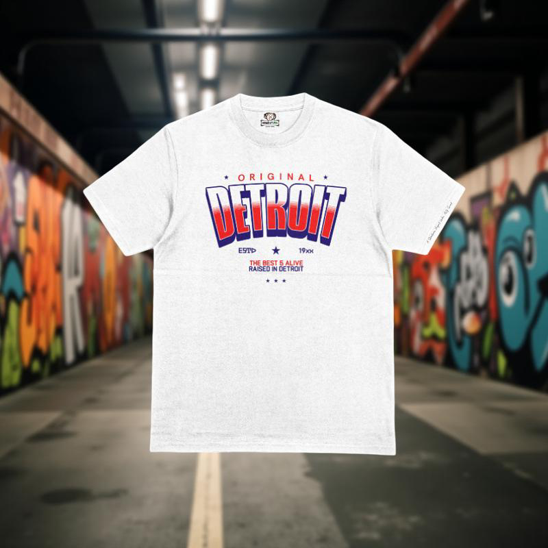 White t-shirt with 'Original Detroit' text in a graffiti-themed setting