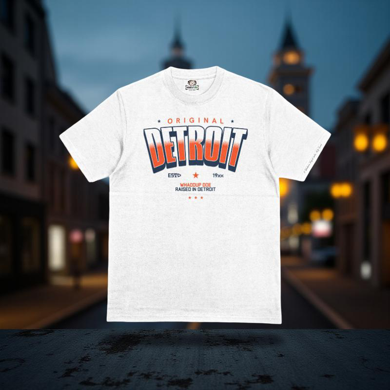 White t-shirt with 'Original Detroit' design on a blurred city street background