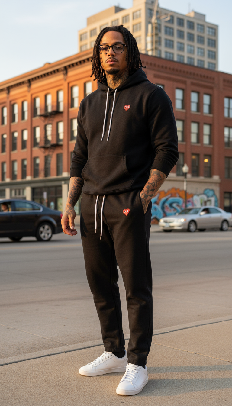 Man wearing a black hoodie and pants with heart designs, standing on a city street.
