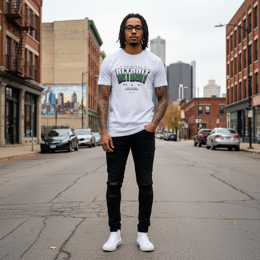 Man wearing a white t-shirt with text and black pants standing on an urban street.