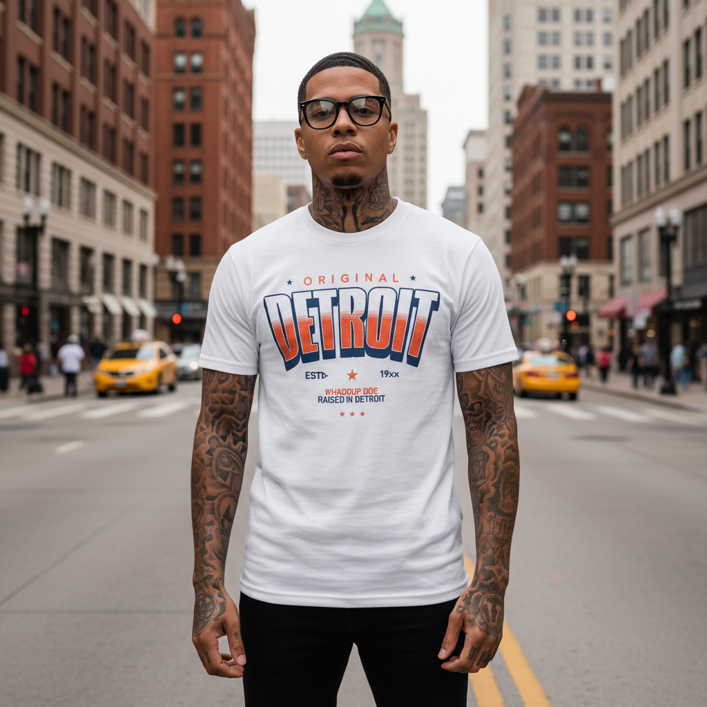 Man wearing a 'Original Detroit' t-shirt on a city street