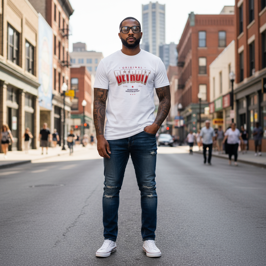 Man wearing a white t-shirt with text and blue jeans standing on a city street.