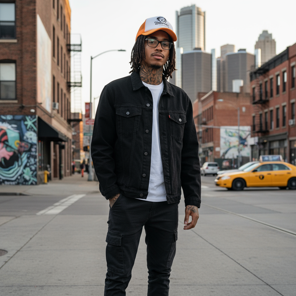 Man standing on a city street with tall buildings and a yellow taxi in the background